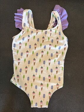 Giggle Ice Cream Pattern Kids Swimsuit with Lilac Ruffles size 4T